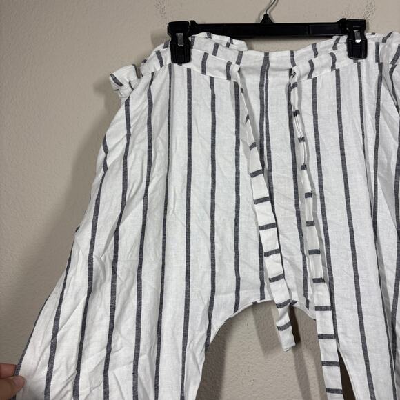 Lido World M/L Drawstring Stripe Paperbag Pants White Linen Straight Tie Waist - Picture 4 of 9